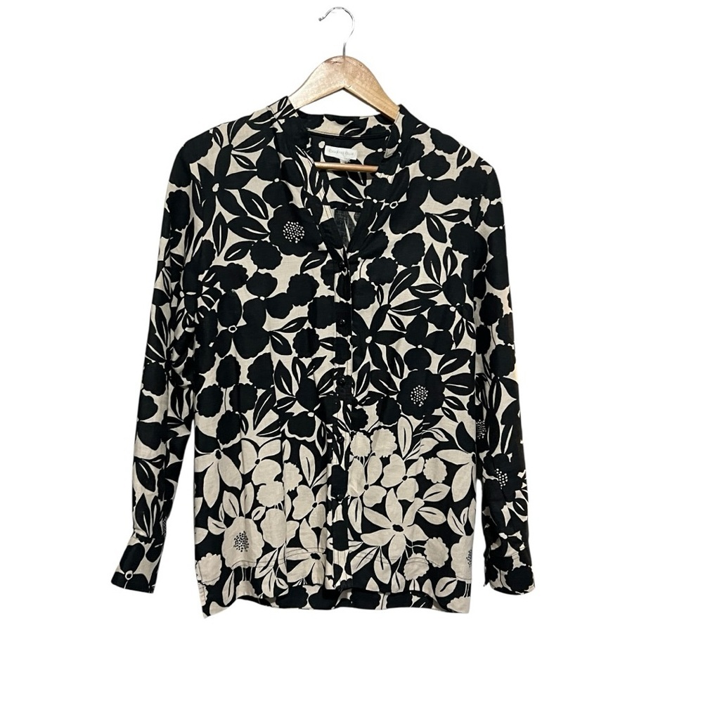 Charter Club Linen Black Tan Floral Shirt Button Up Small Medium